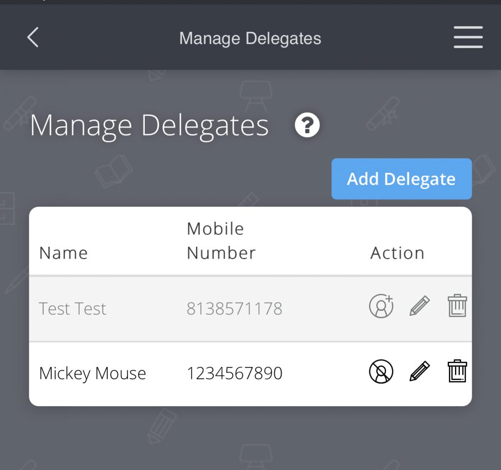 PikMyKid Manage Delegate Screen