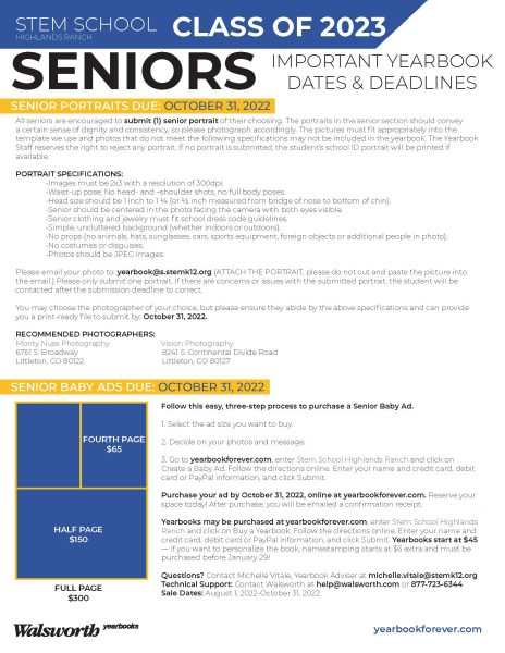 STEM School Highlands Ranch_2023 Senior Important Yearbook Dates and Deadlines