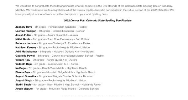 Denver Post Colorado State Spelling Bee Finalists