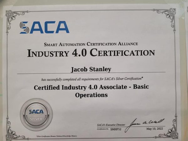 Jacob Stanley SACA Certificate